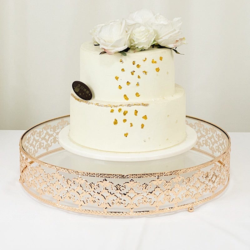 Gold and Clear 18 in Round Baroque Metal with Glass Cake Stand