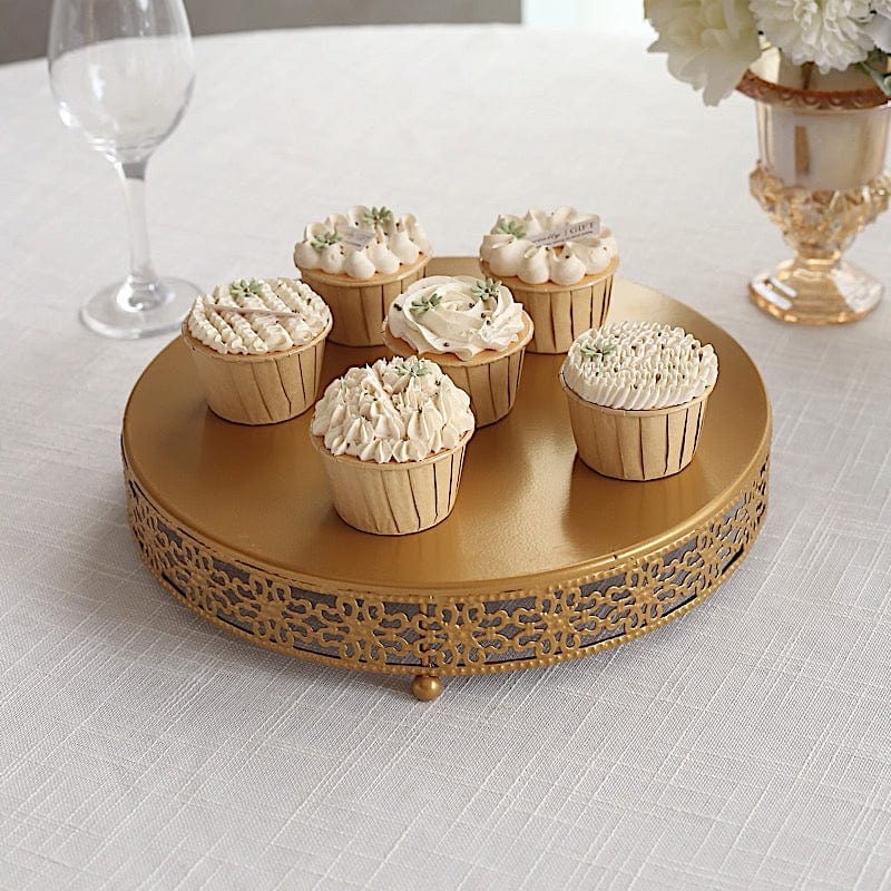 Gold Metal Fleur De Lis Round Cake Stand Dessert Display Pedestal