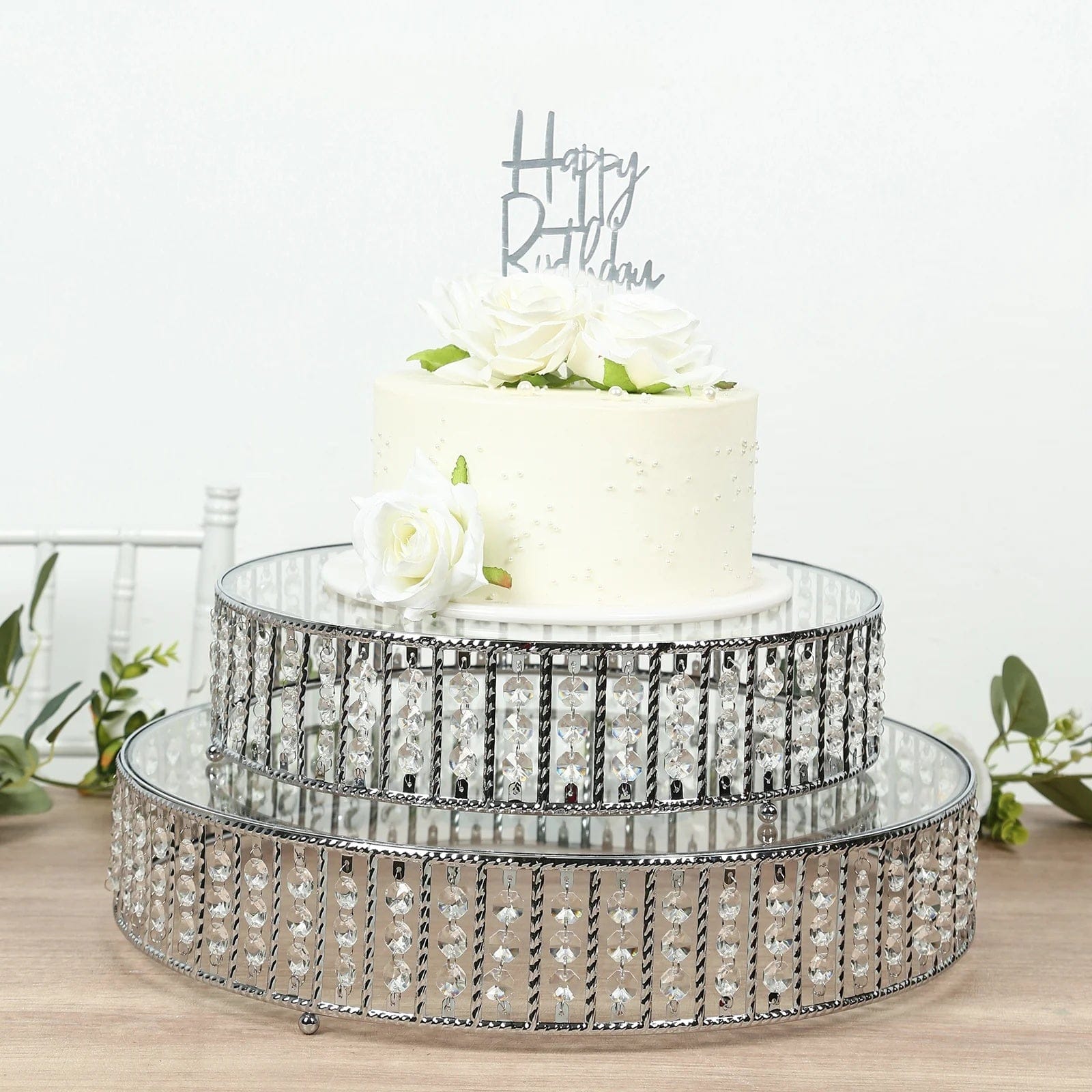 Metal Round Cake Stand with Glass Top and Hanging Crystal Beads