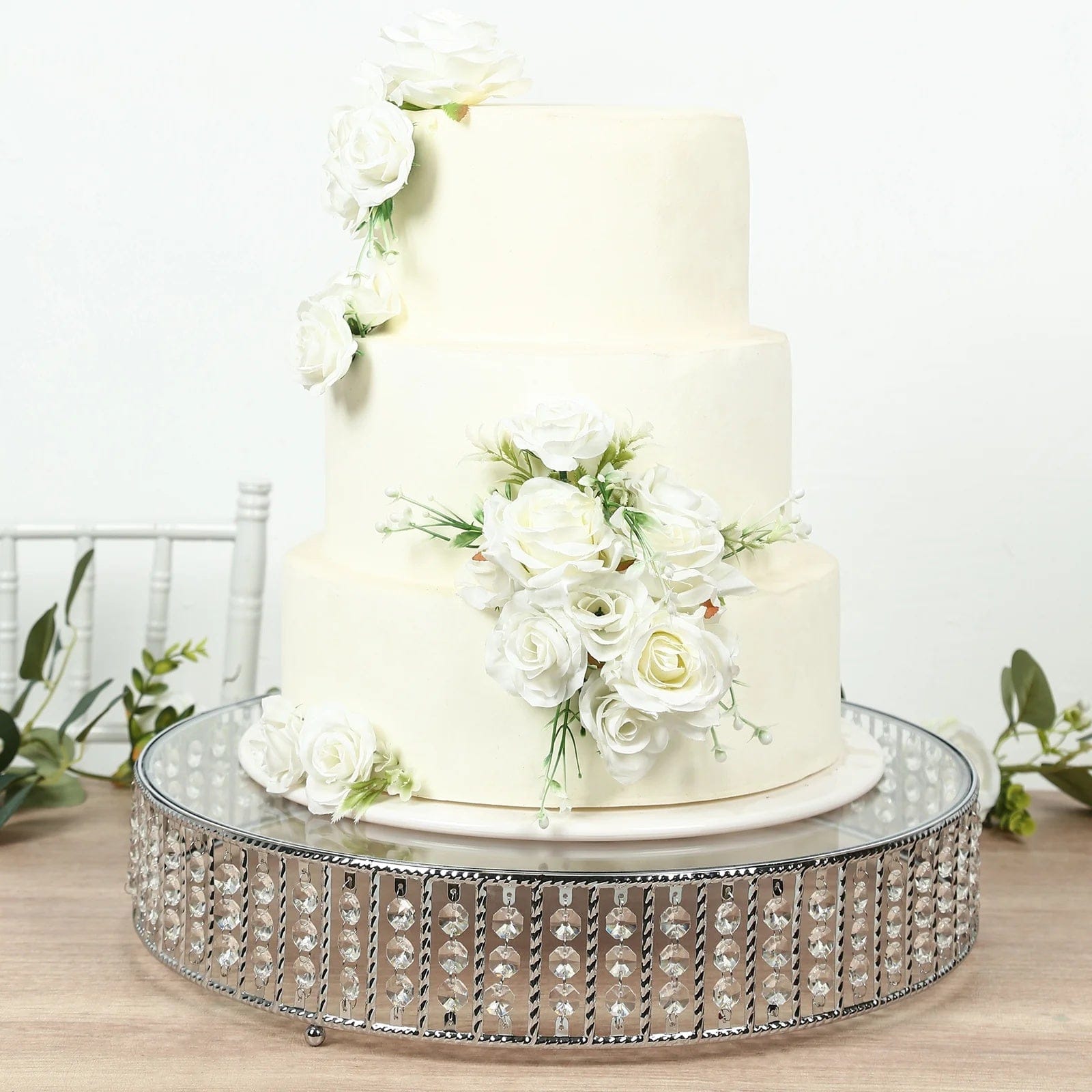 Metal Round Cake Stand with Glass Top and Hanging Crystal Beads