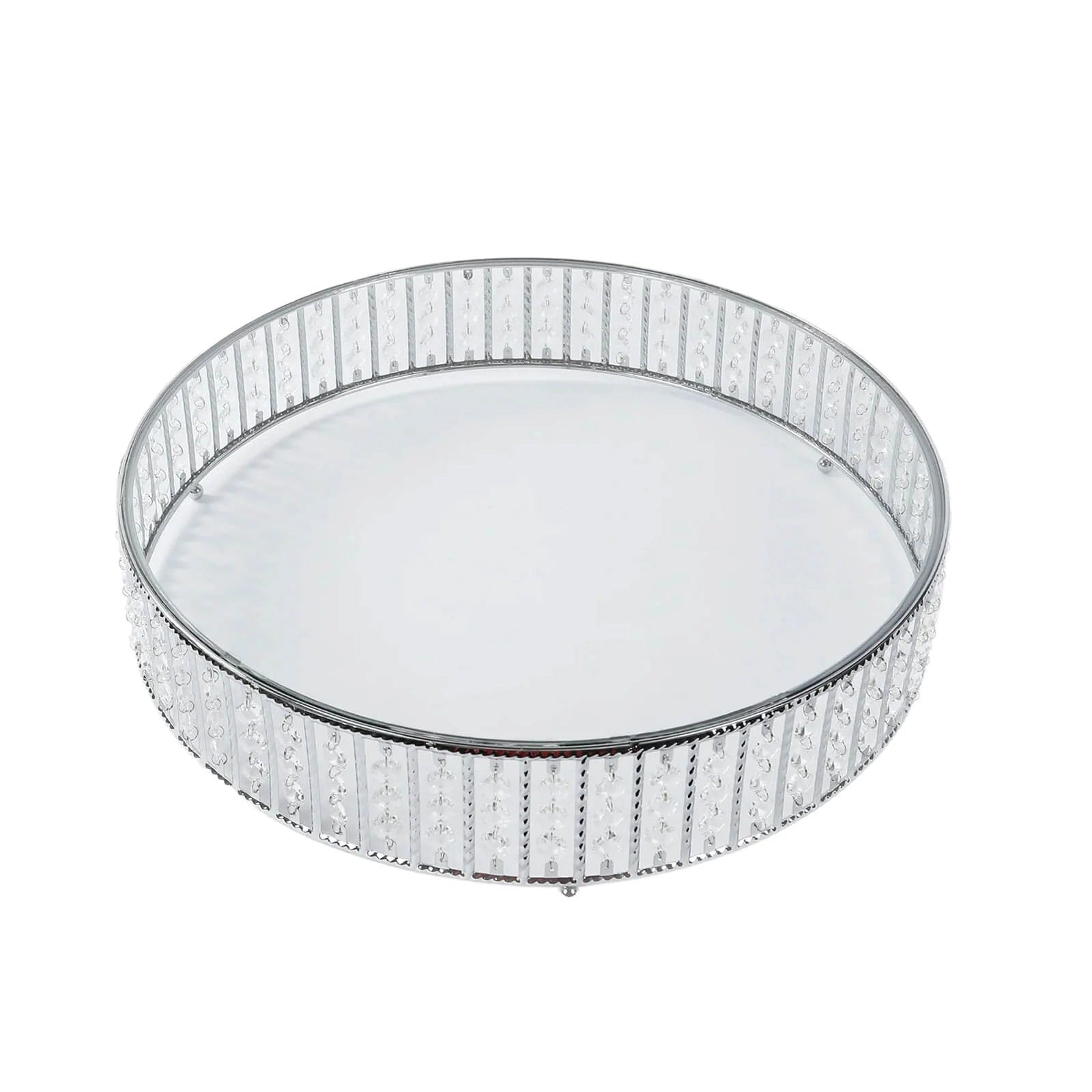 Metal Round Cake Stand with Glass Top and Hanging Crystal Beads