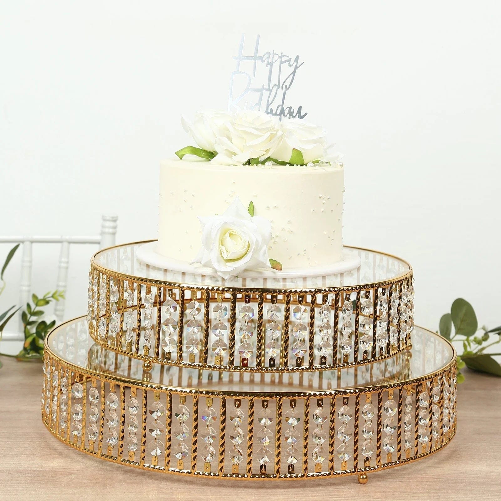 Metal Round Cake Stand with Glass Top and Hanging Crystal Beads