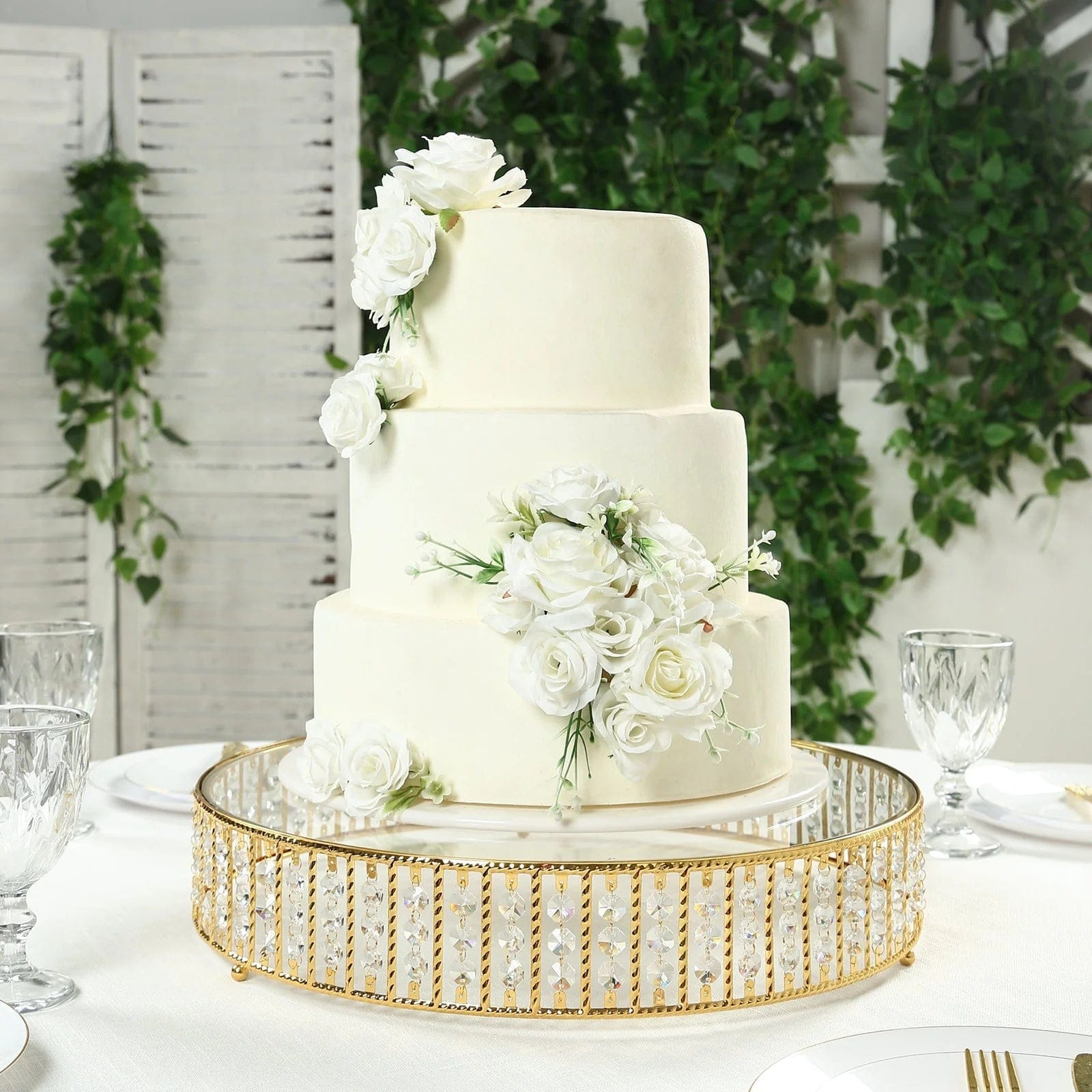 Metal Round Cake Stand with Glass Top and Hanging Crystal Beads