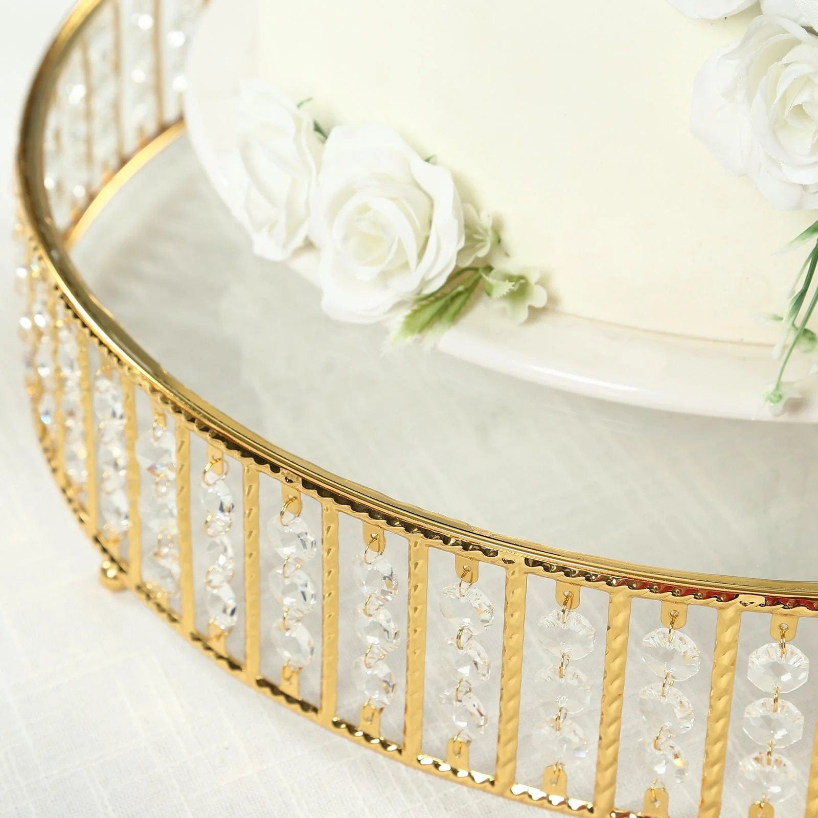 Metal Round Cake Stand with Glass Top and Hanging Crystal Beads