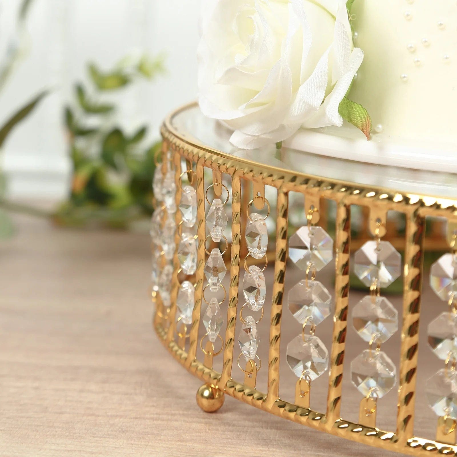 Metal Round Cake Stand with Glass Top and Hanging Crystal Beads