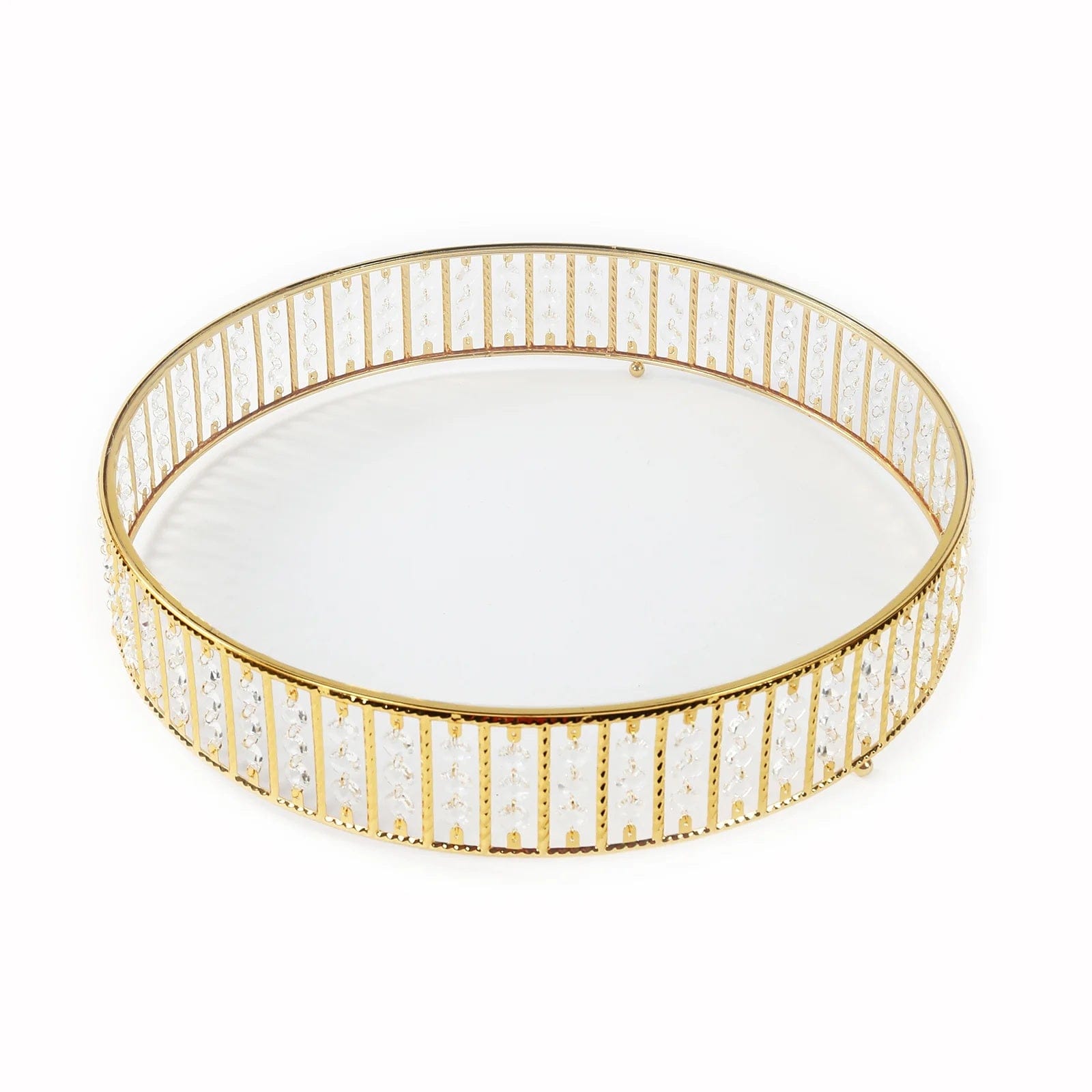 Metal Round Cake Stand with Glass Top and Hanging Crystal Beads