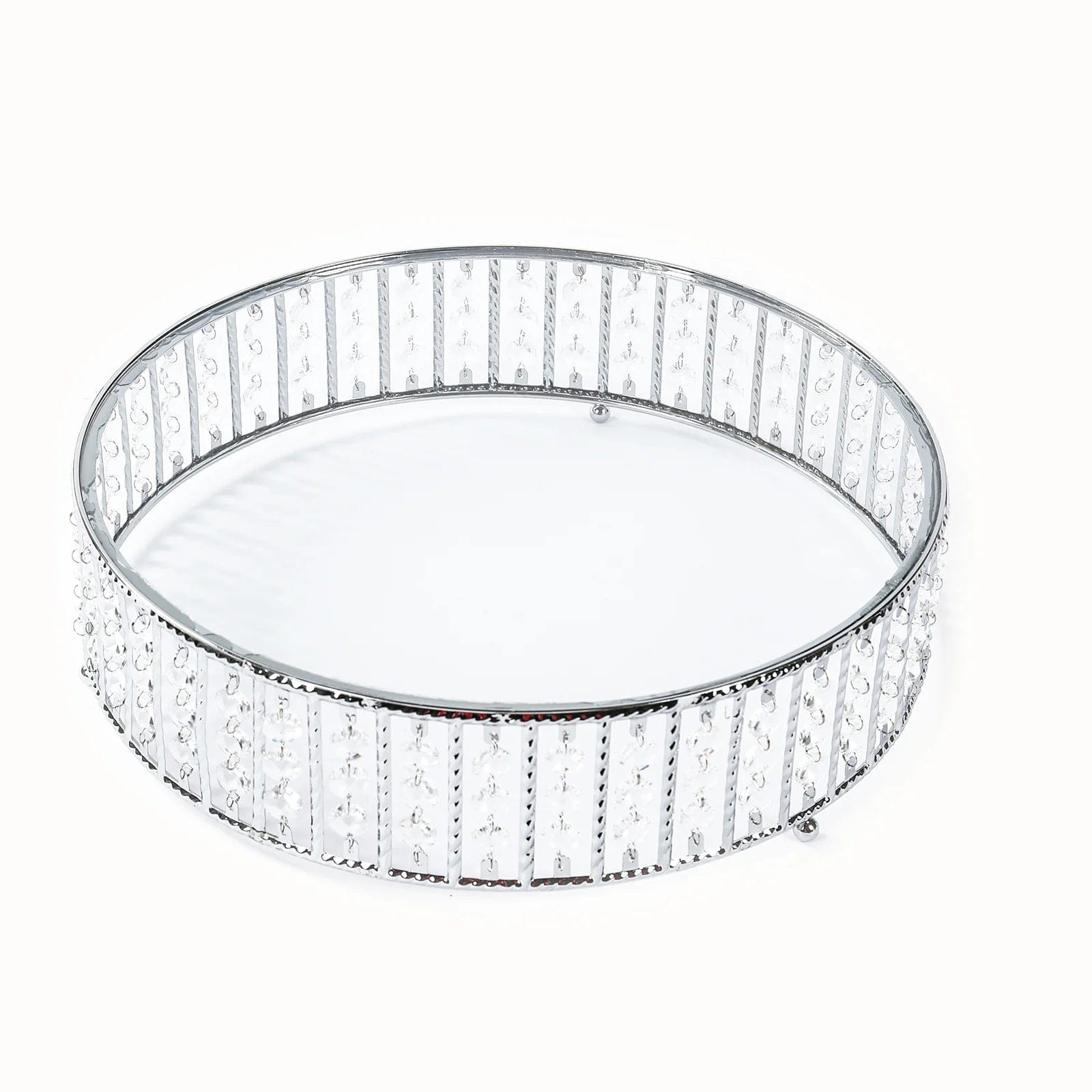 Metal Round Cake Stand with Glass Top and Hanging Crystal Beads