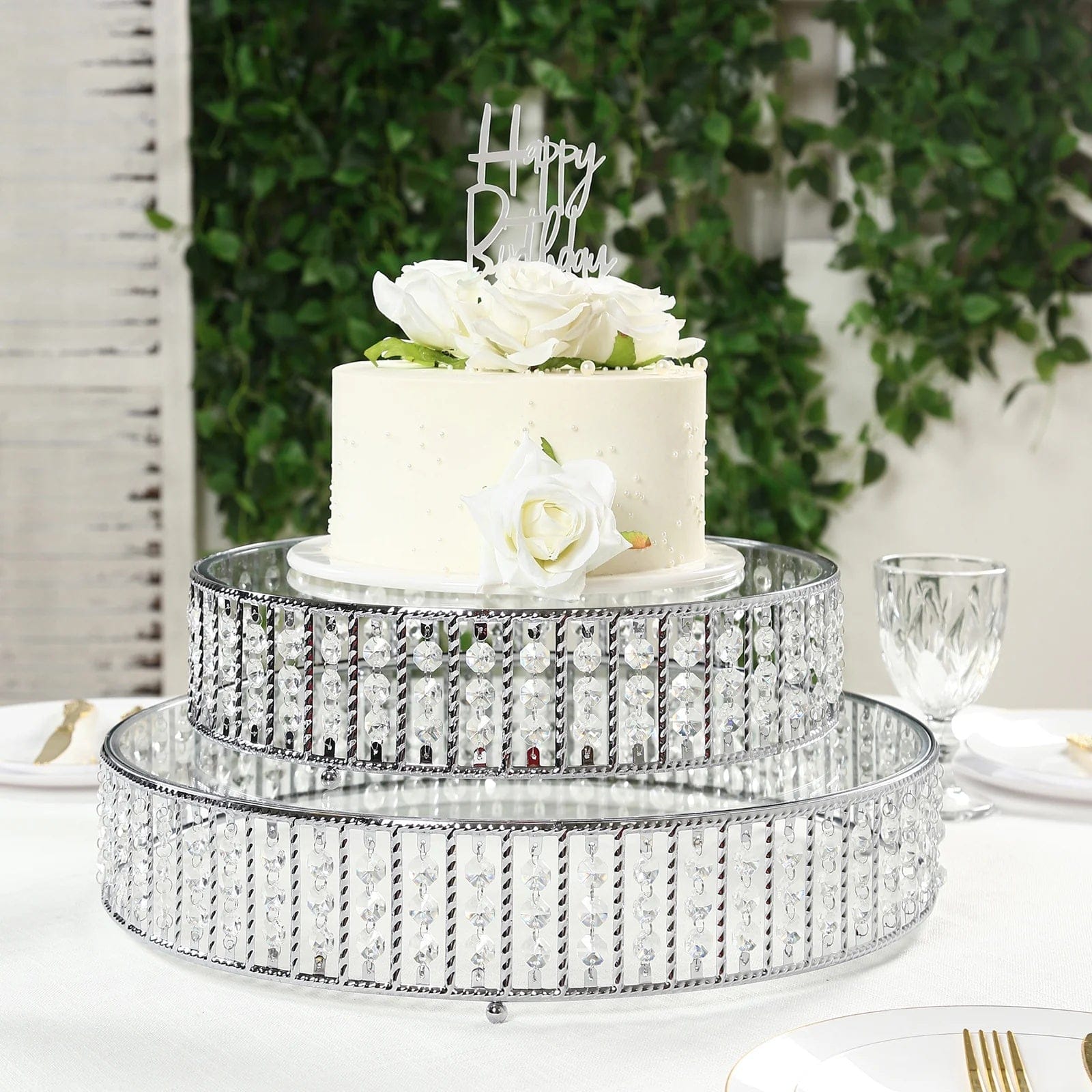 Metal Round Cake Stand with Glass Top and Hanging Crystal Beads