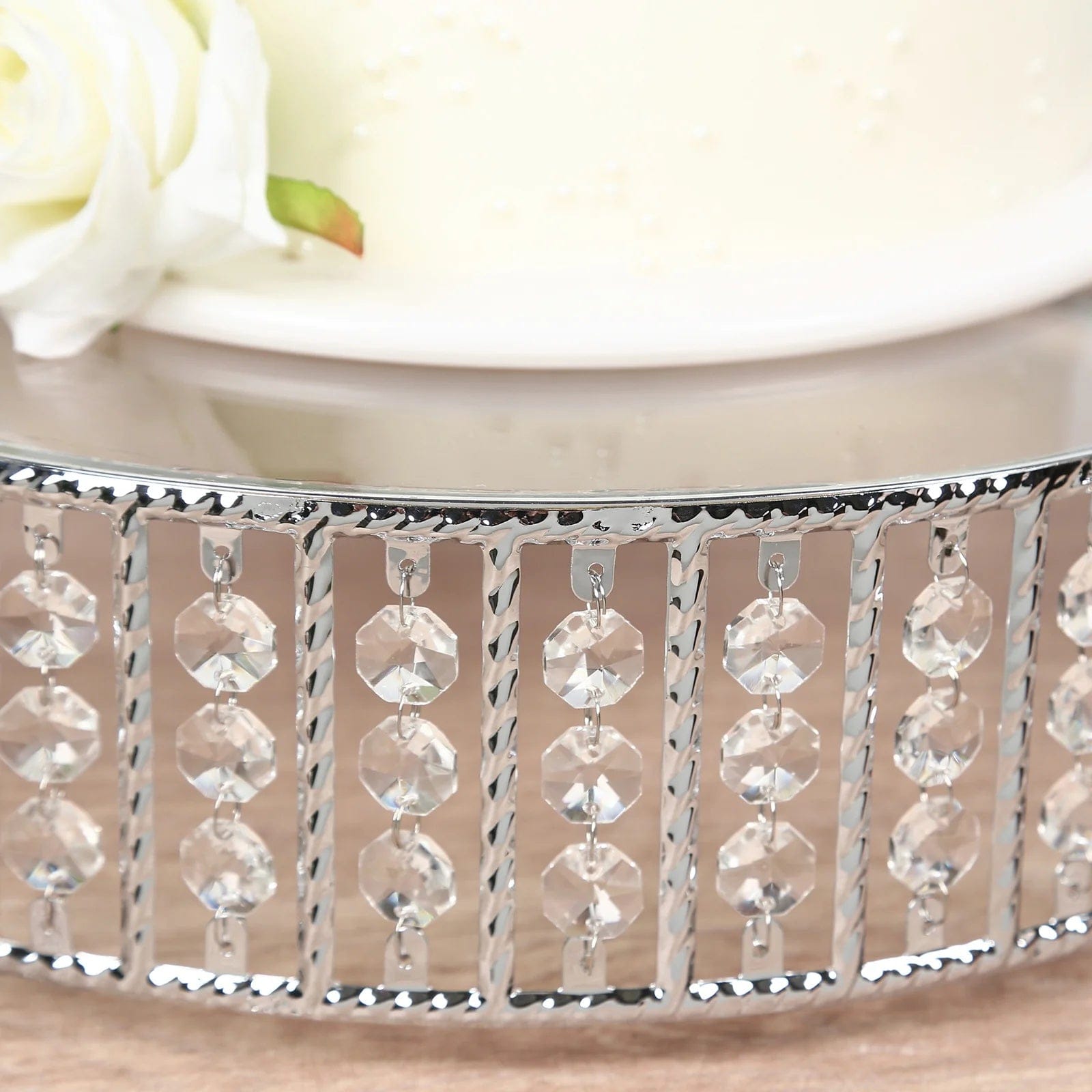 Metal Round Cake Stand with Glass Top and Hanging Crystal Beads