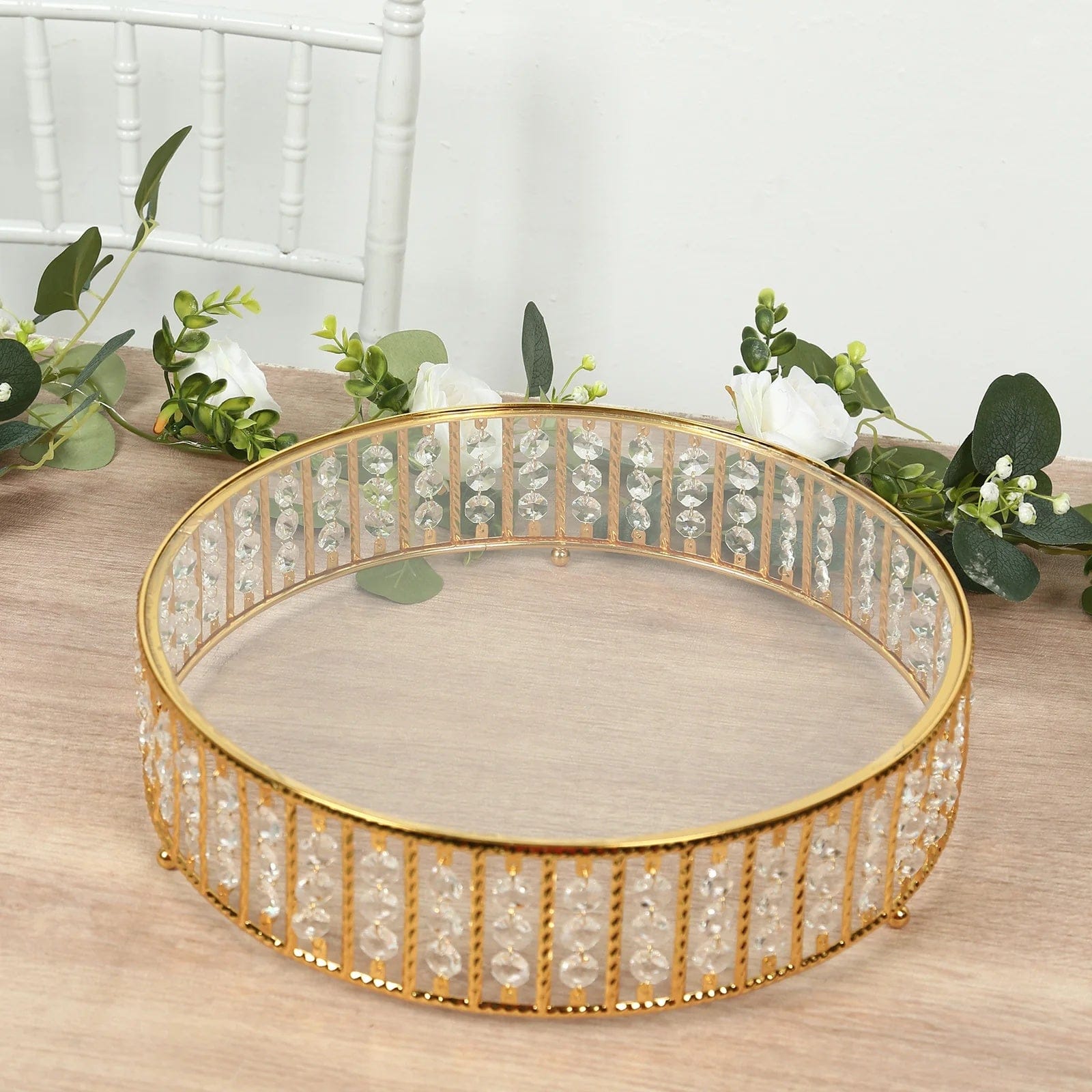 Metal Round Cake Stand with Glass Top and Hanging Crystal Beads
