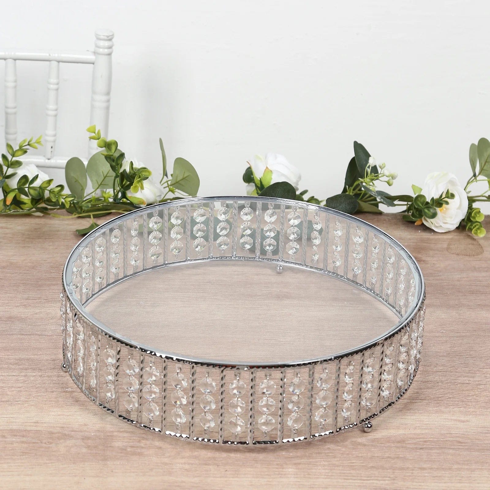 Metal Round Cake Stand with Glass Top and Hanging Crystal Beads