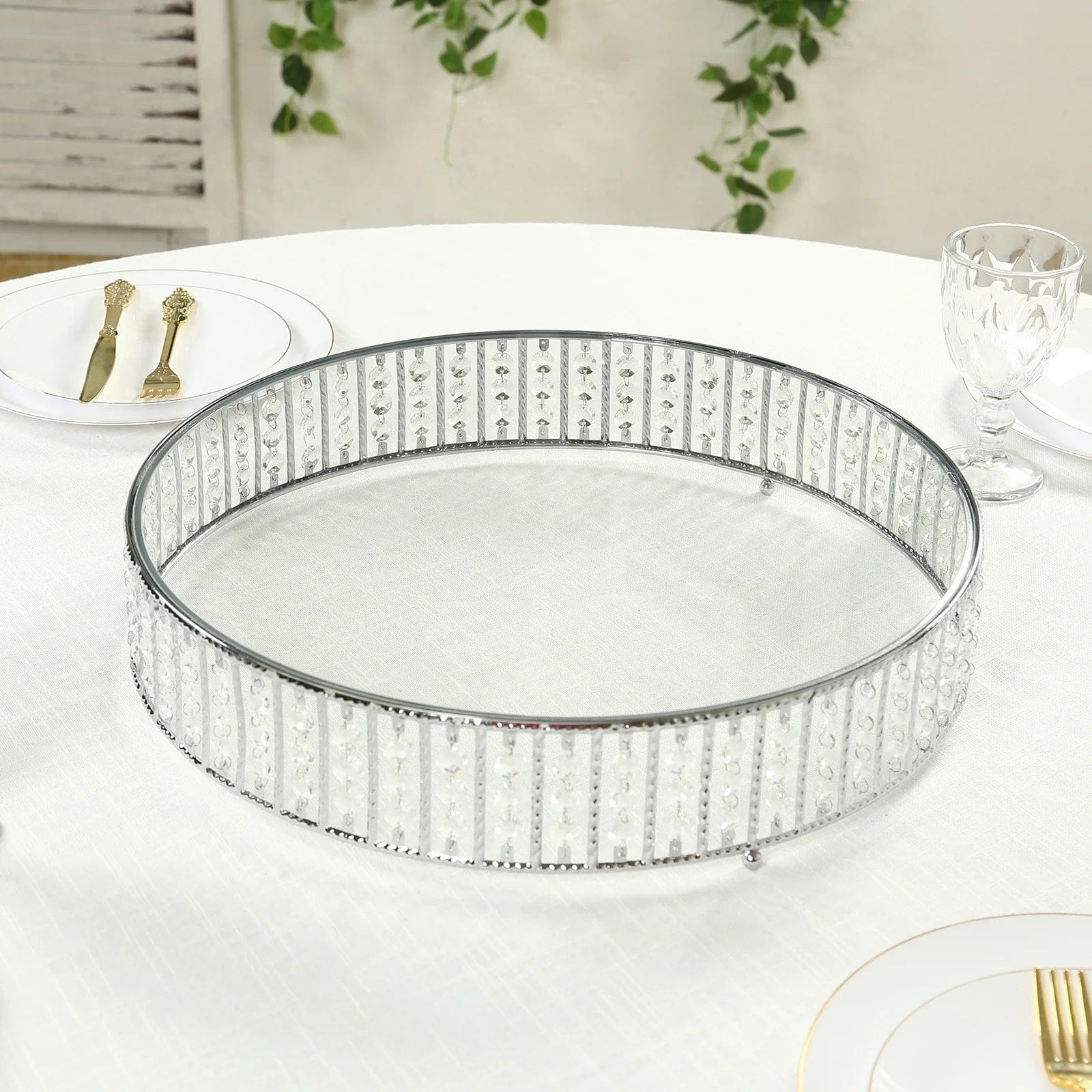 Metal Round Cake Stand with Glass Top and Hanging Crystal Beads