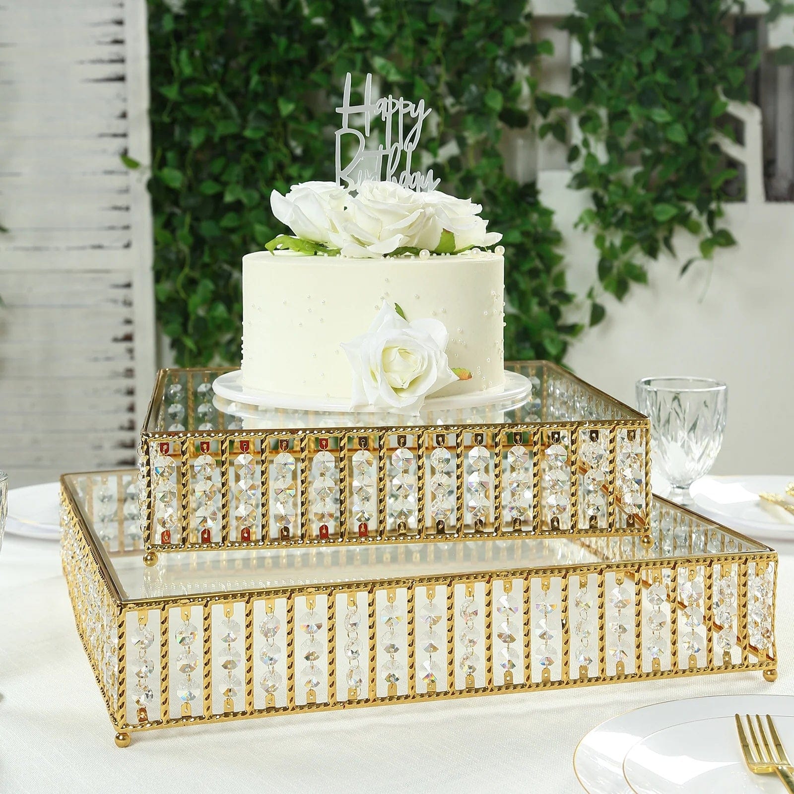 Metal Square Cake Stand with Glass Top and Hanging Crystal Beads