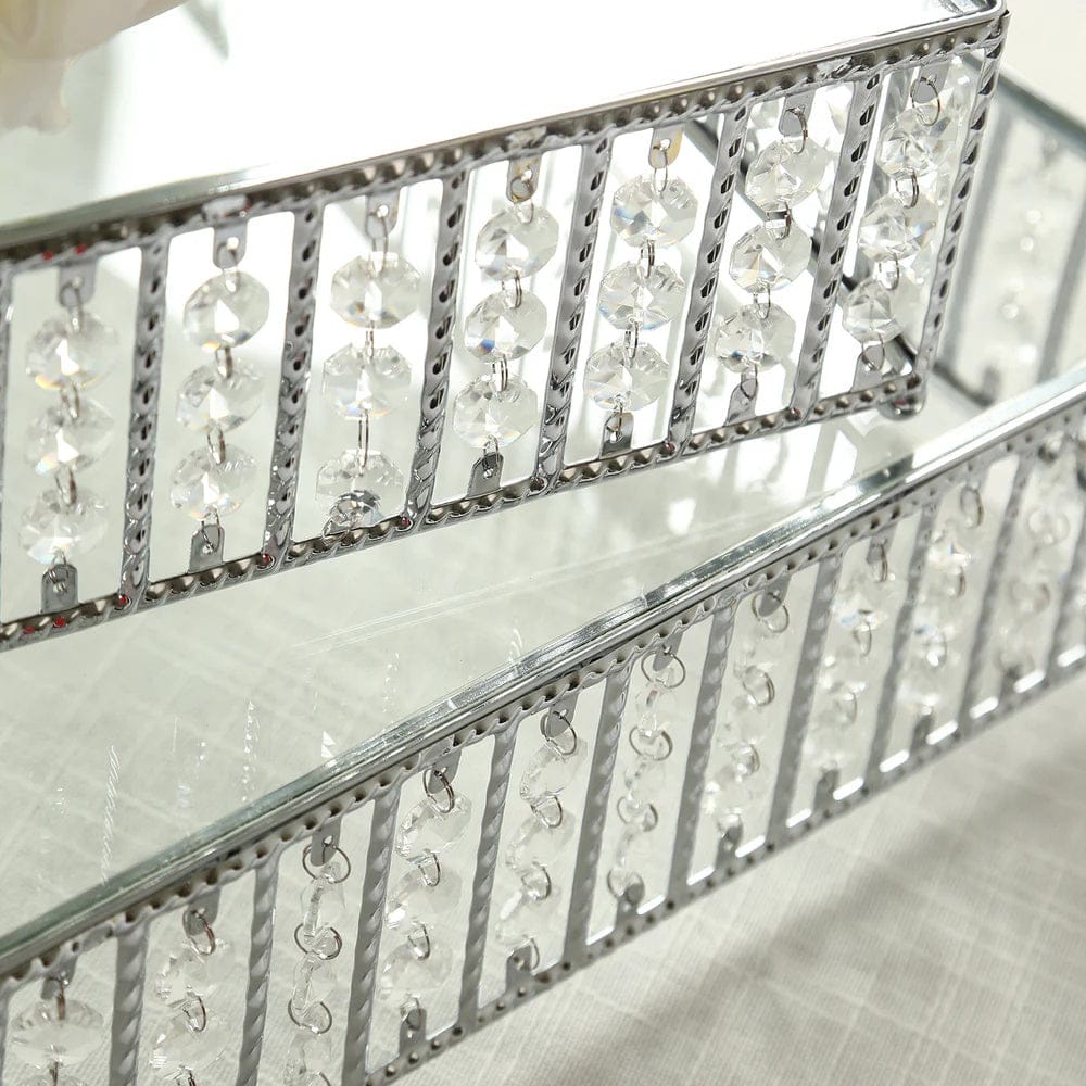 Metal Square Cake Stand with Glass Top and Hanging Crystal Beads