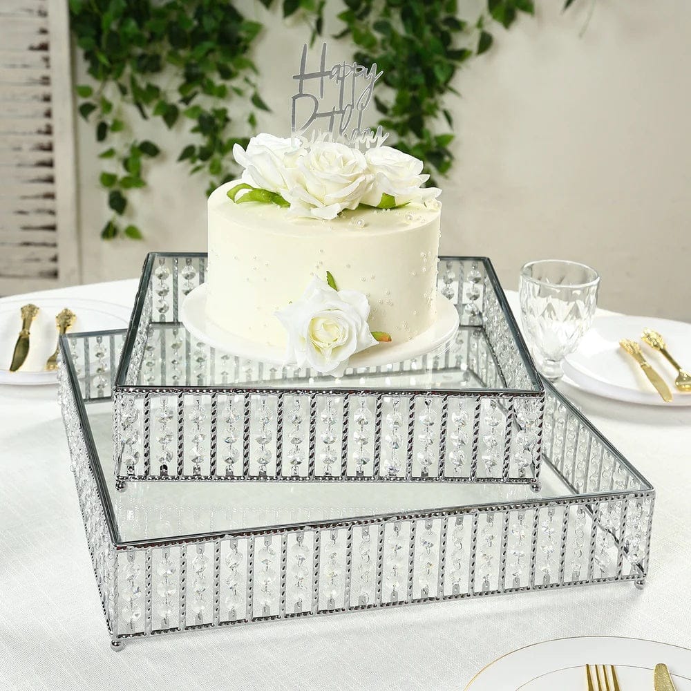 Metal Square Cake Stand with Glass Top and Hanging Crystal Beads