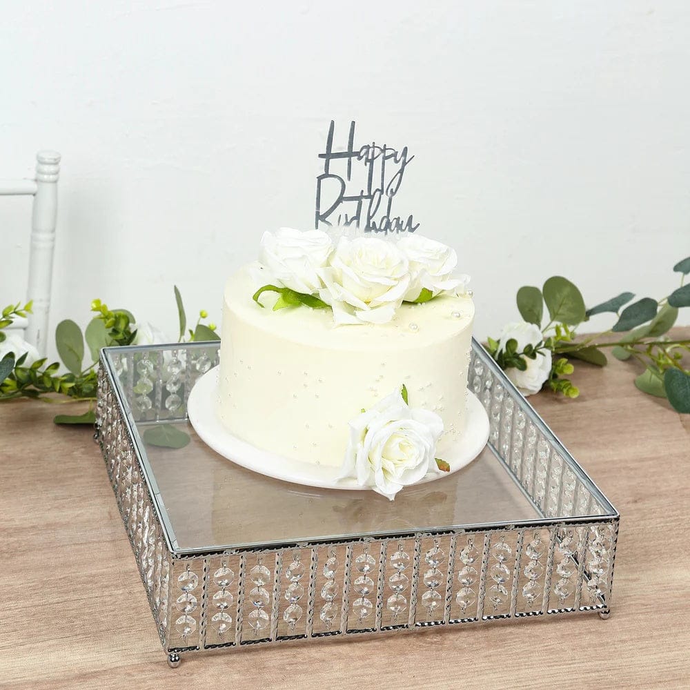 Metal Square Cake Stand with Glass Top and Hanging Crystal Beads
