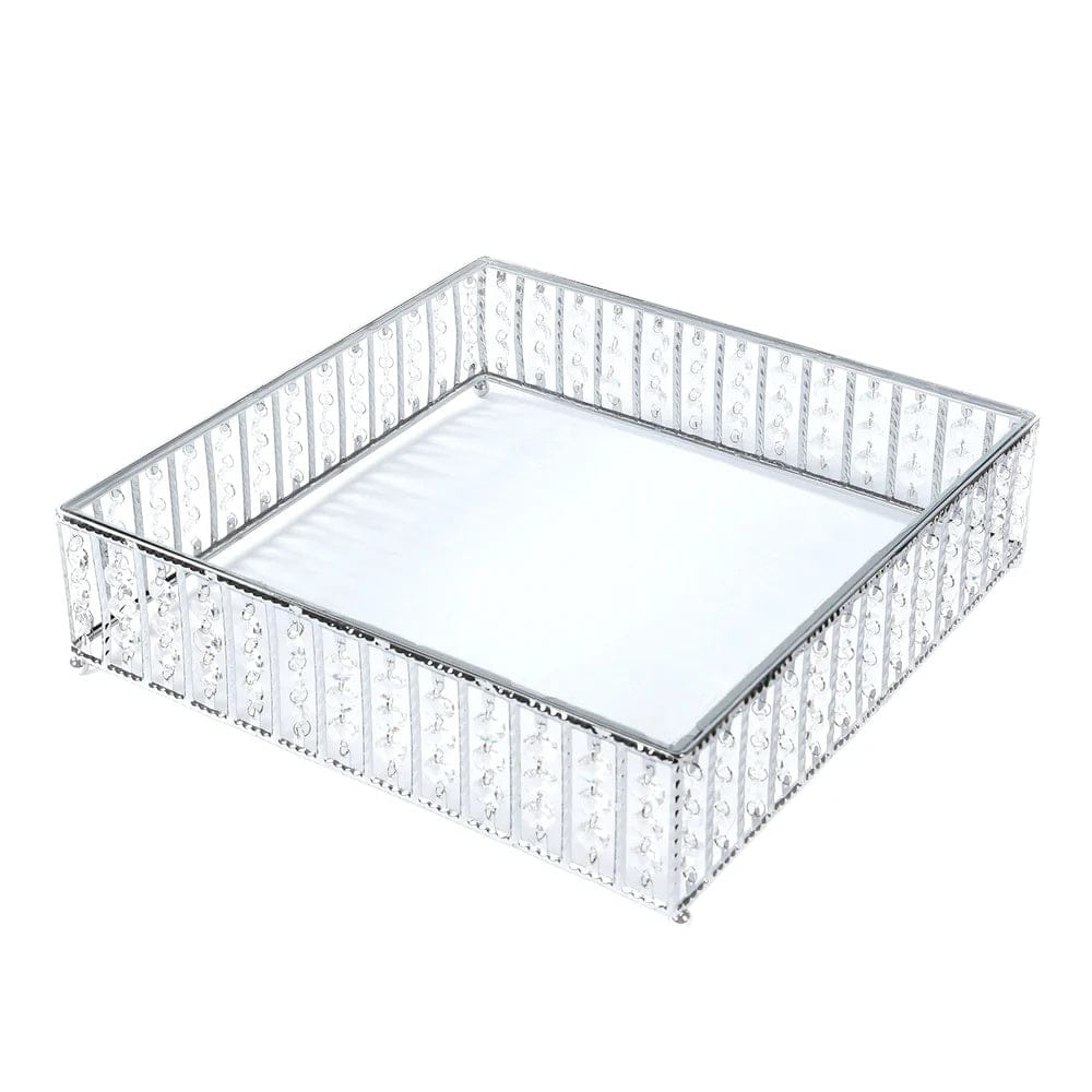 Metal Square Cake Stand with Glass Top and Hanging Crystal Beads