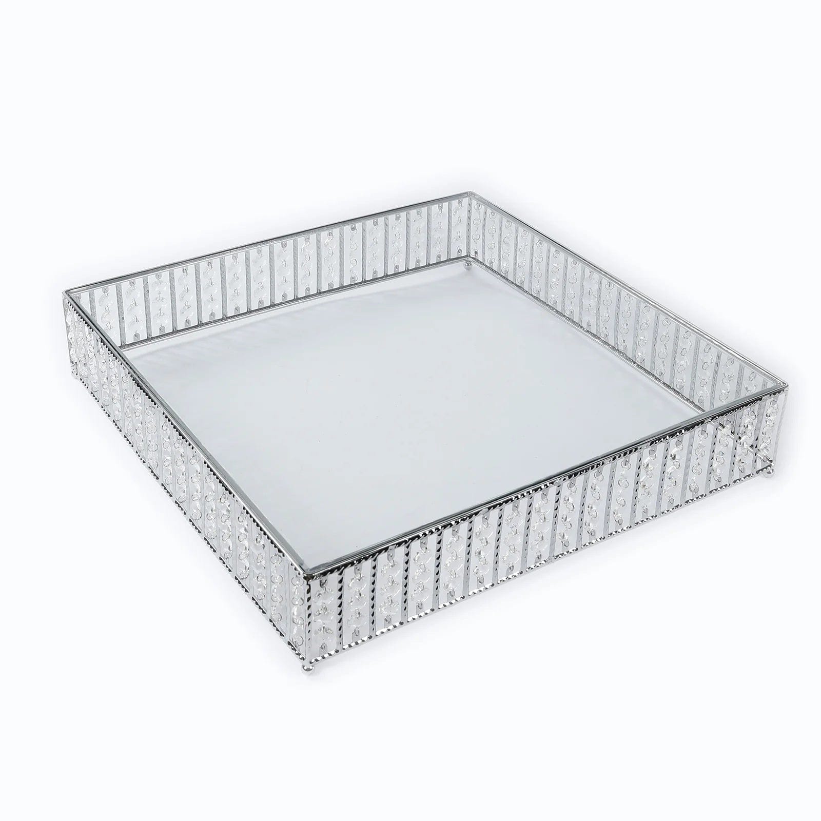 Metal Square Cake Stand with Glass Top and Hanging Crystal Beads