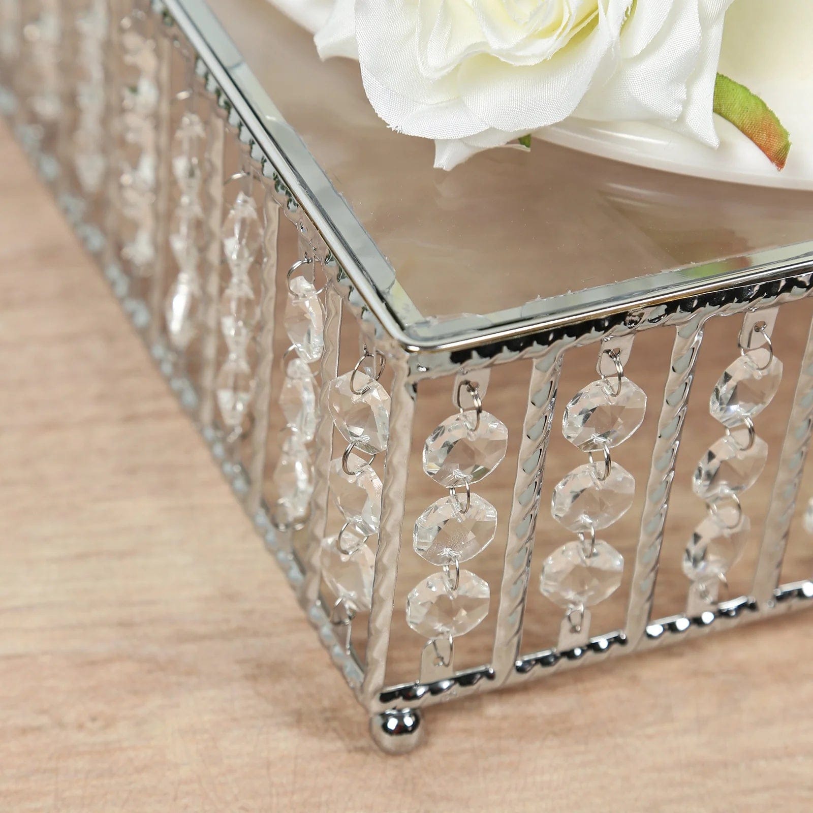 Metal Square Cake Stand with Glass Top and Hanging Crystal Beads