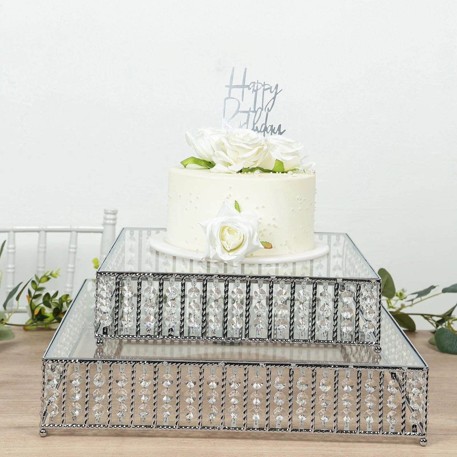 Metal Square Cake Stand with Glass Top and Hanging Crystal Beads