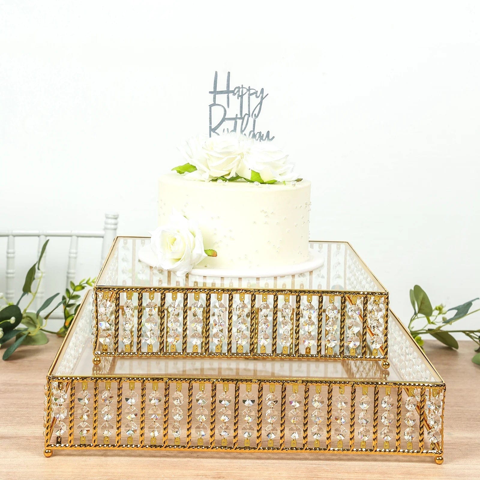 Metal Square Cake Stand with Glass Top and Hanging Crystal Beads