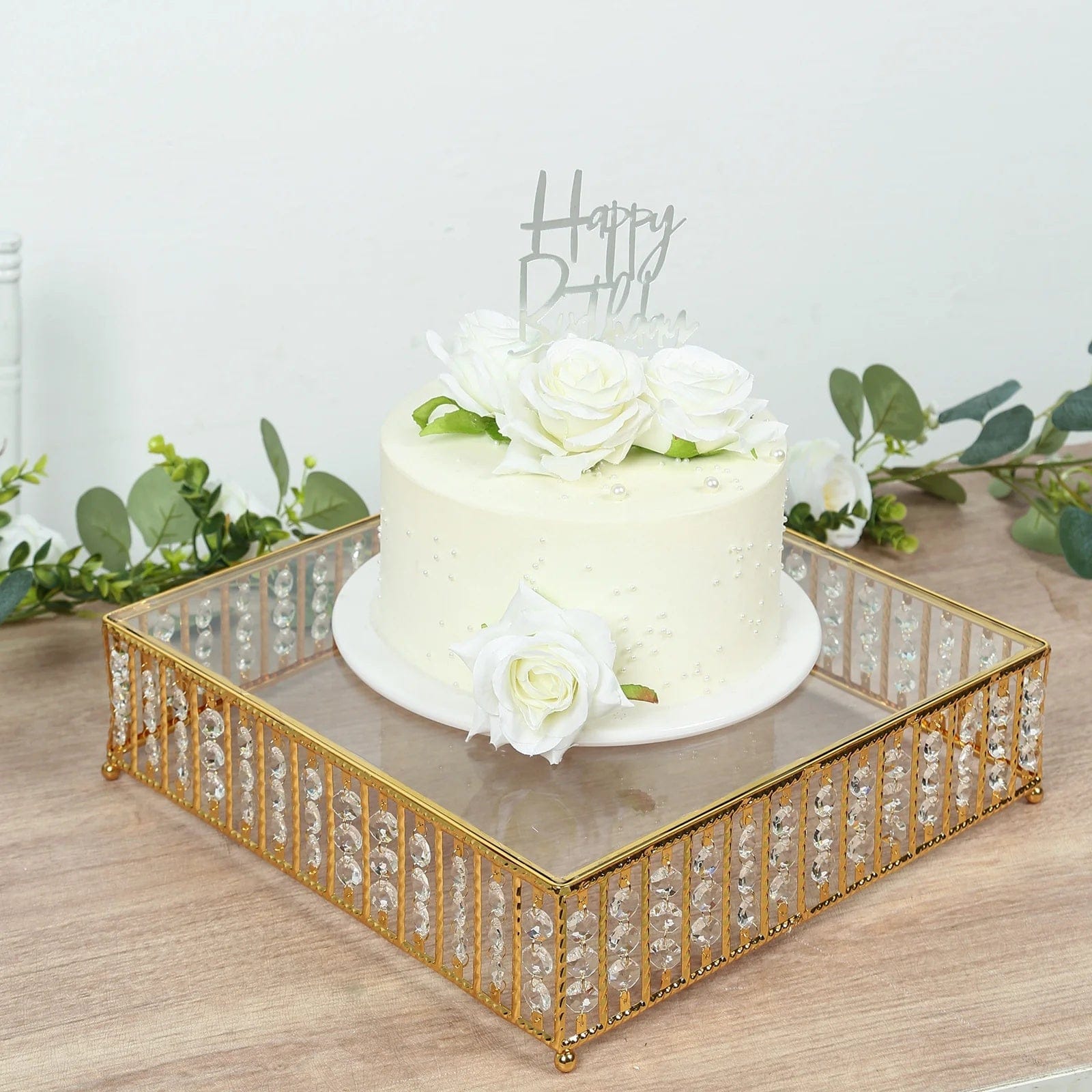 Metal Square Cake Stand with Glass Top and Hanging Crystal Beads