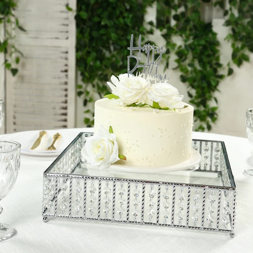 Metal Square Cake Stand with Glass Top and Hanging Crystal Beads