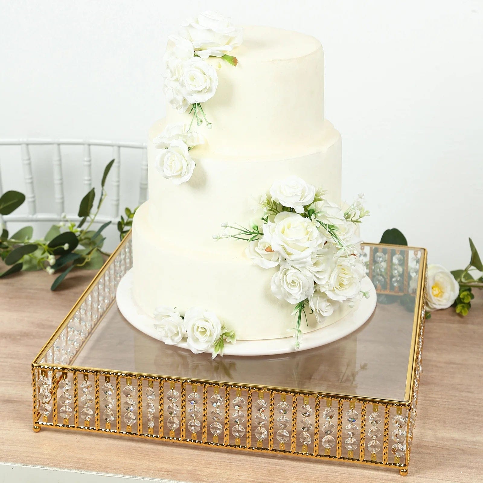 Metal Square Cake Stand with Glass Top and Hanging Crystal Beads