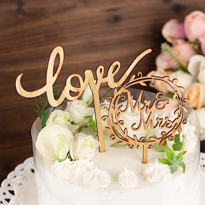 2 Natural Wooden Love and Mr & Mrs Wedding Cake Toppers