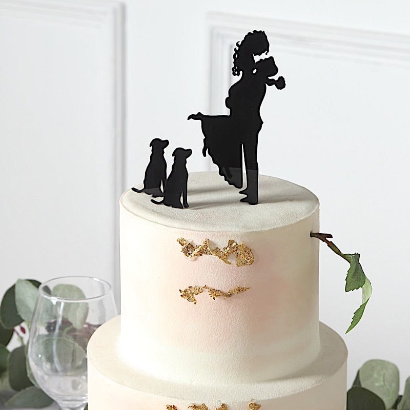 Black 7 in Bride Groom and Pet Dogs Silhouette Acrylic Cake Toppers Set