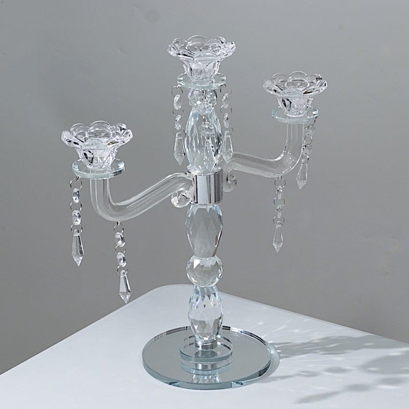 14 in tall Clear 3 Arm Crystal Glass Candelabra Taper Candle Holder with Hanging Prisms