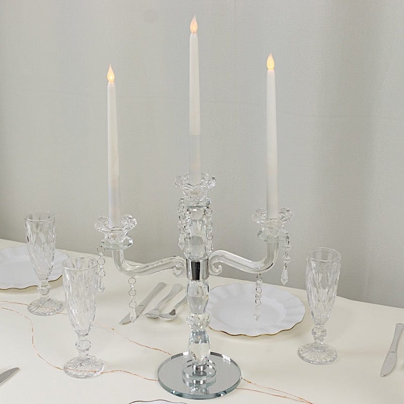 14 in tall Clear 3 Arm Crystal Glass Candelabra Taper Candle Holder with Hanging Prisms