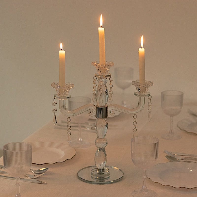 14 in tall Clear 3 Arm Crystal Glass Candelabra Taper Candle Holder with Hanging Prisms