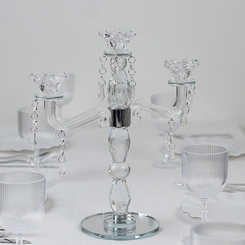 14 in tall Clear 3 Arm Crystal Glass Candelabra Taper Candle Holder with Hanging Prisms