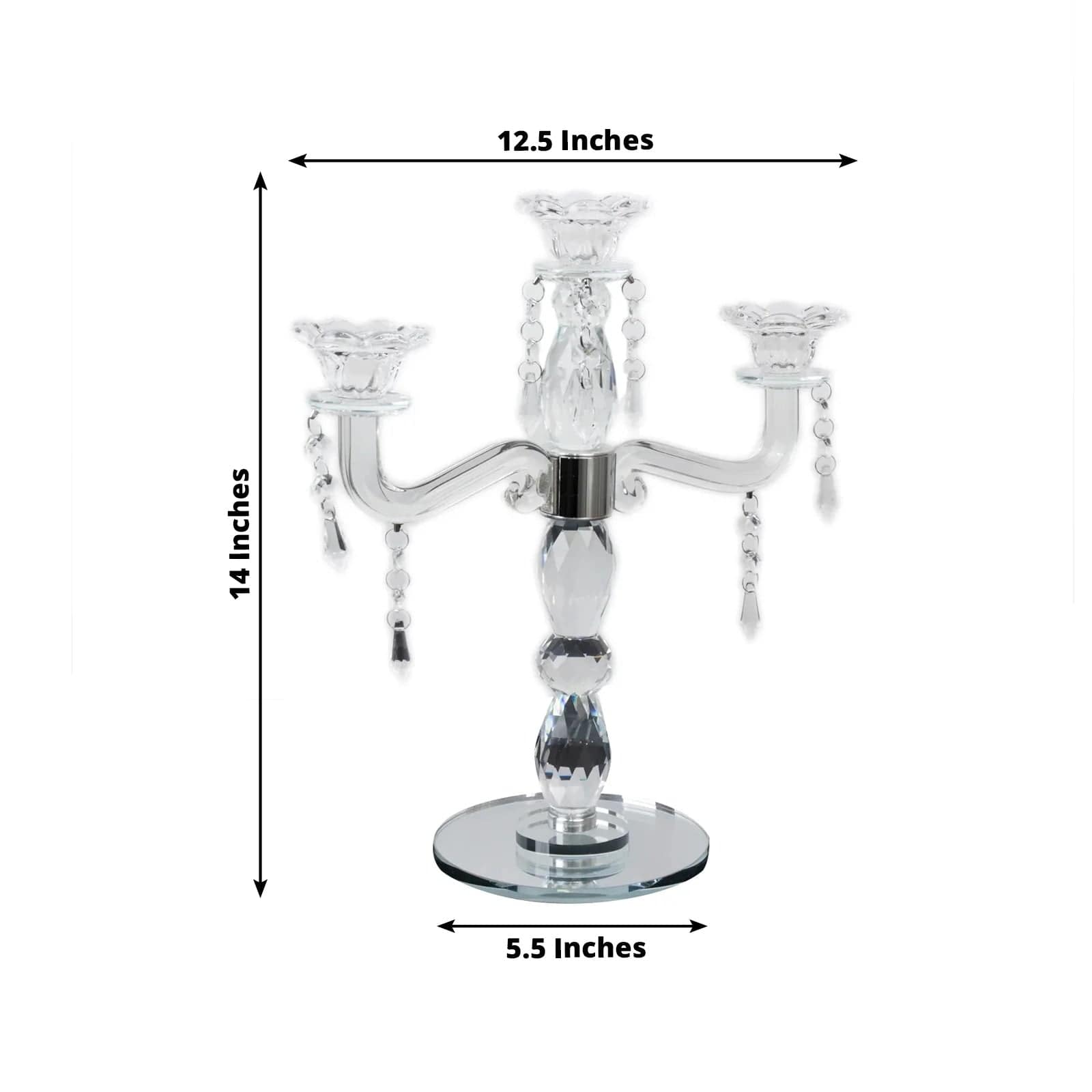 14 in tall Clear 3 Arm Crystal Glass Candelabra Taper Candle Holder with Hanging Prisms