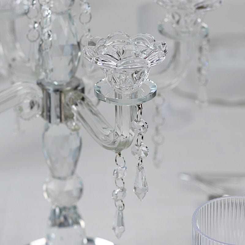 14 in tall Clear 5 Arm Crystal Glass Candelabra Taper Candle Holder with Hanging Prisms