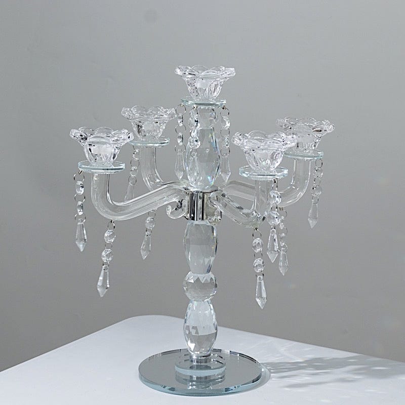 14 in tall Clear 5 Arm Crystal Glass Candelabra Taper Candle Holder with Hanging Prisms