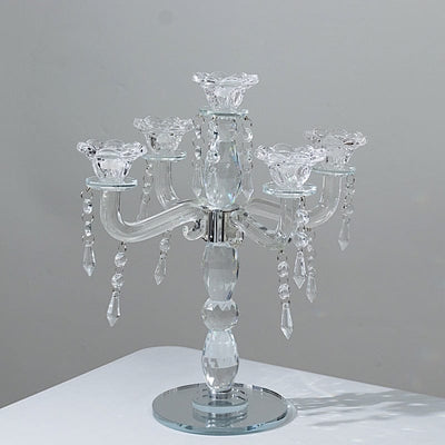 14 in tall Clear 5 Arm Crystal Glass Candelabra Taper Candle Holder with Hanging Prisms