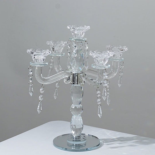 14 in tall Clear 5 Arm Crystal Glass Candelabra Taper Candle Holder with Hanging Prisms