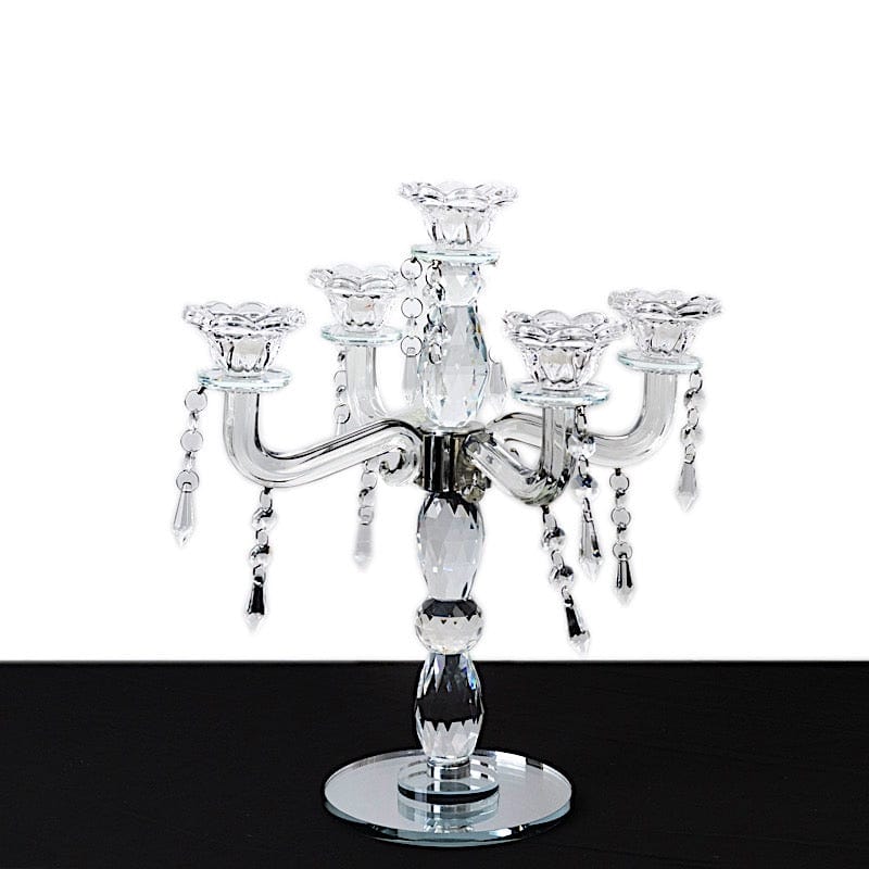 14 in tall Clear 5 Arm Crystal Glass Candelabra Taper Candle Holder with Hanging Prisms