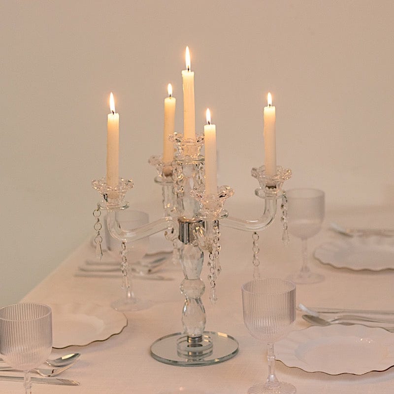 14 in tall Clear 5 Arm Crystal Glass Candelabra Taper Candle Holder with Hanging Prisms