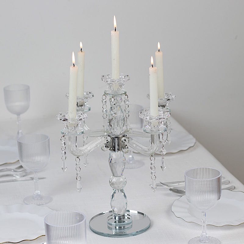 14 in tall Clear 5 Arm Crystal Glass Candelabra Taper Candle Holder with Hanging Prisms