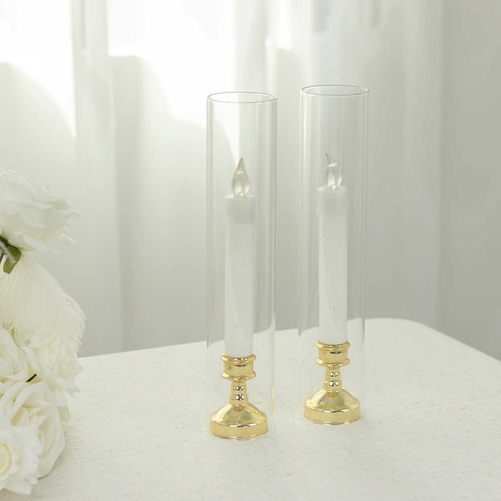 2 Clear Glass Pillar Hurricane Candle Shades