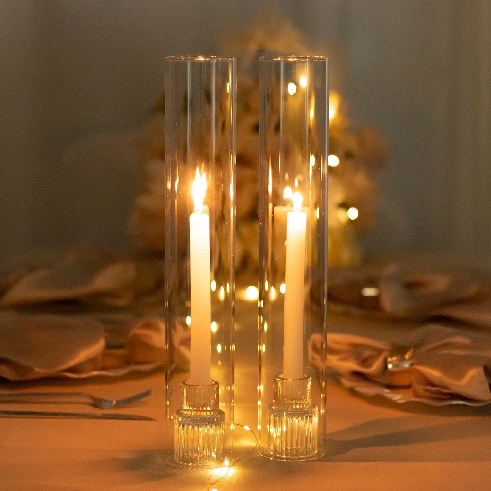 2 Clear Glass Pillar Hurricane Candle Shades