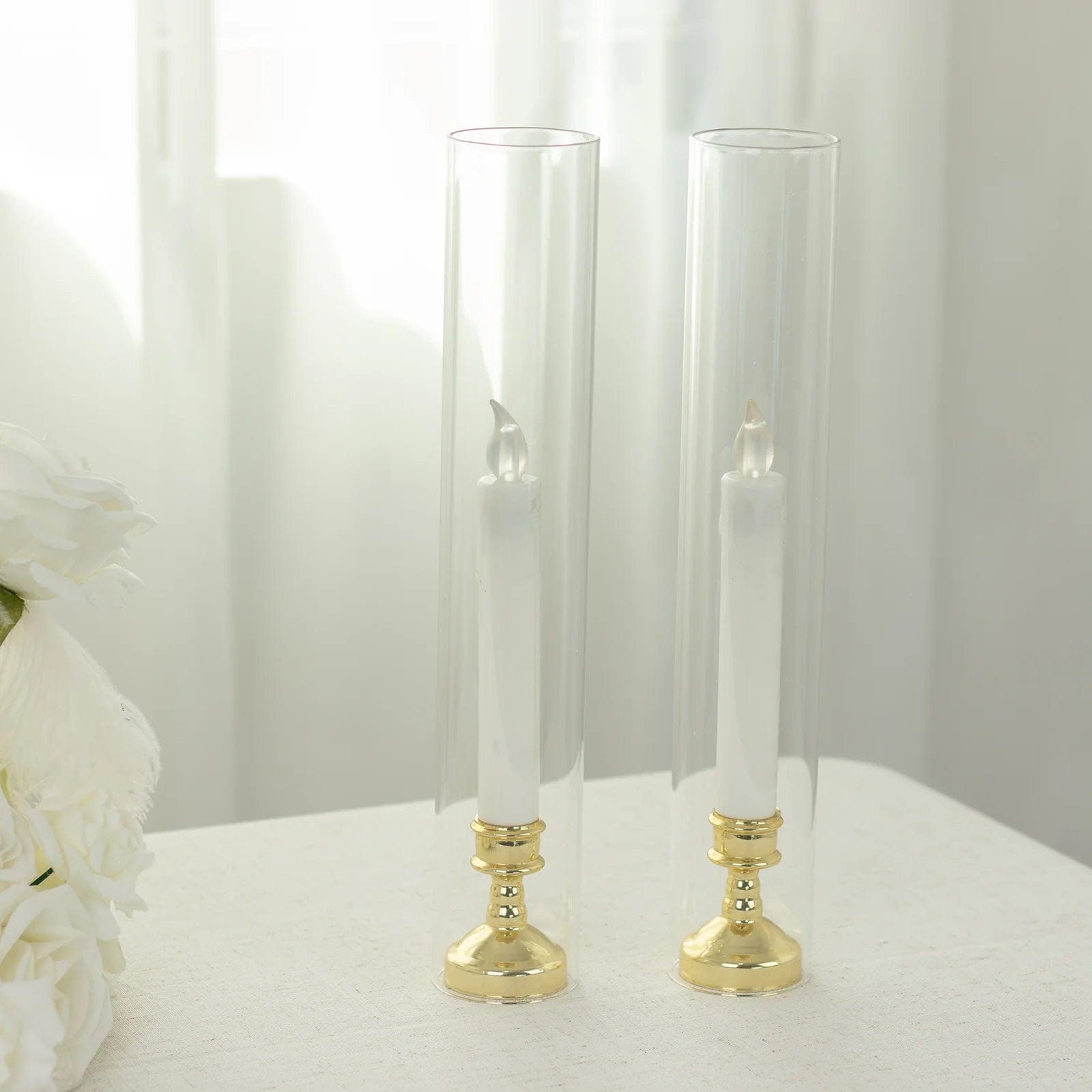 2 Clear Glass Pillar Hurricane Candle Shades