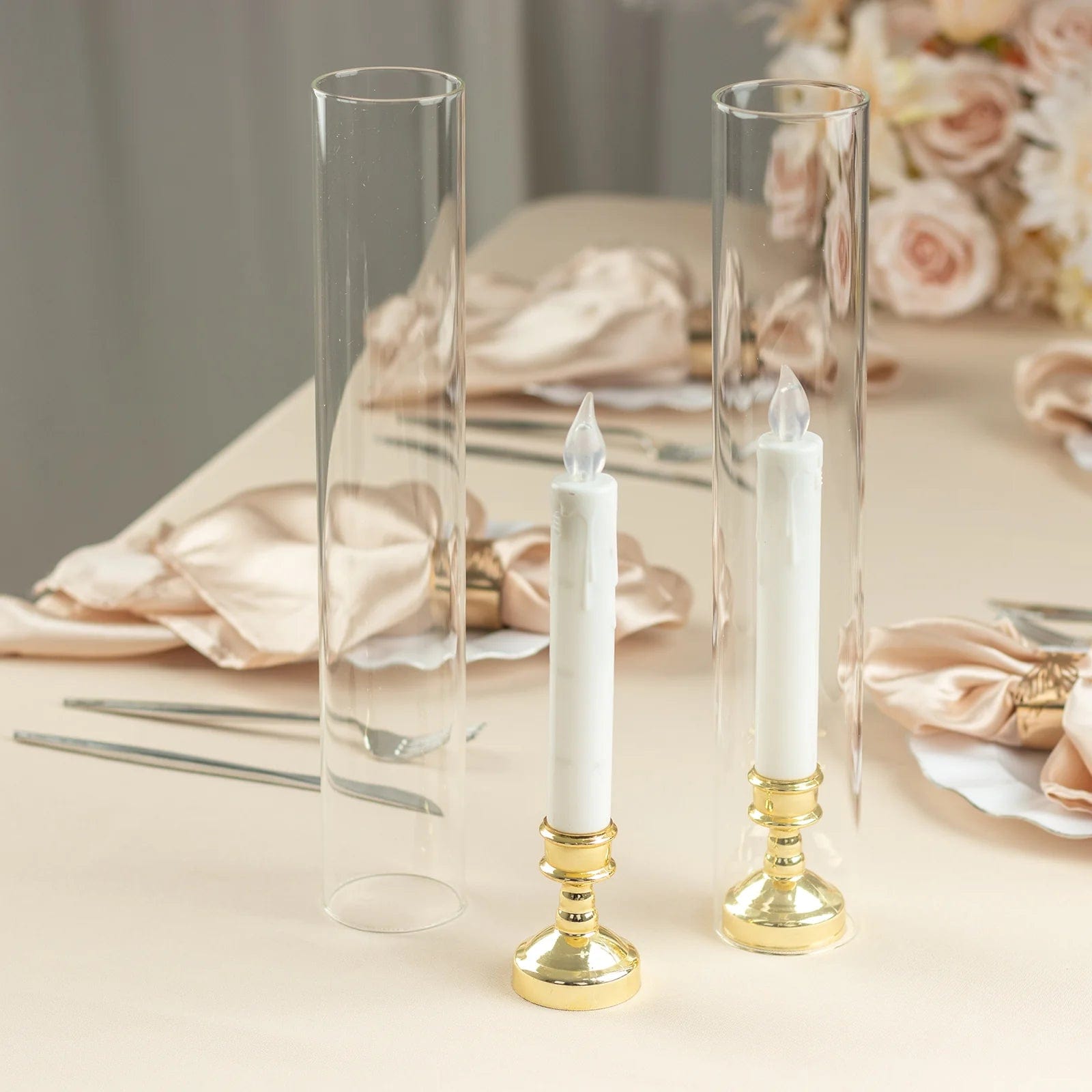 2 Clear Glass Pillar Hurricane Candle Shades