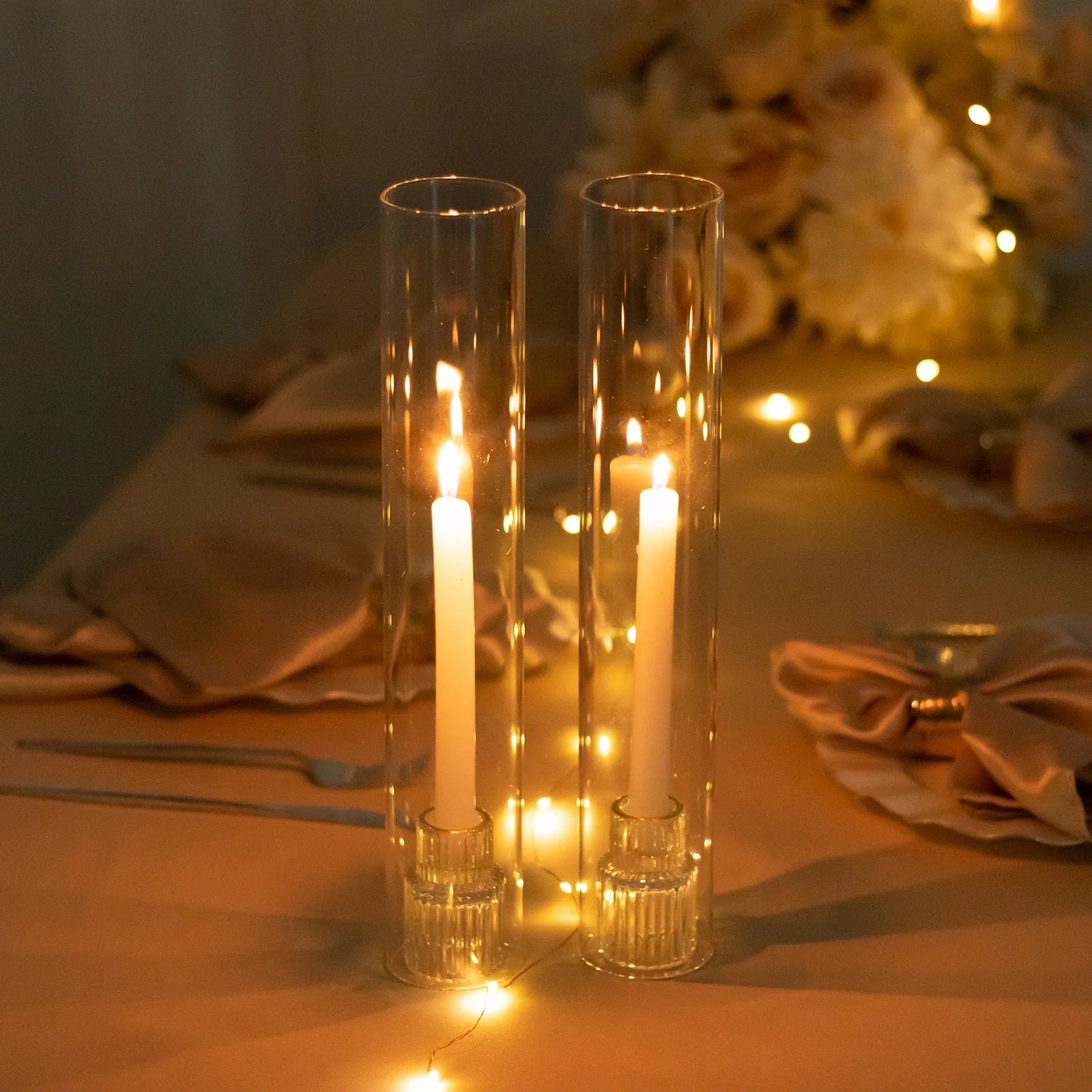 2 Clear Glass Pillar Hurricane Candle Shades