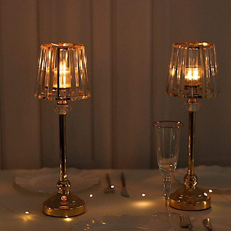 2 Gold Metal Votive Candle Holders with Clear Crystal Glass Lamp Shade