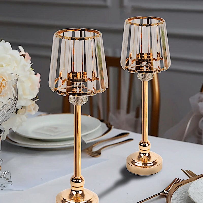 2 Gold Metal Votive Candle Holders with Clear Crystal Glass Lamp Shade