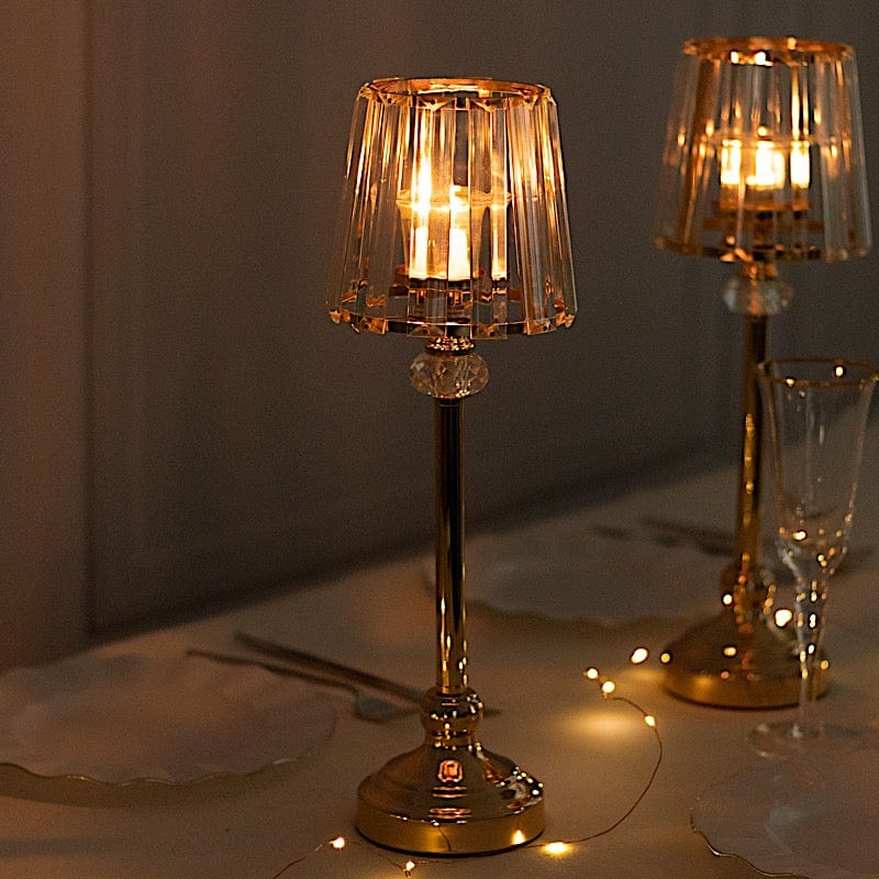 2 Gold Metal Votive Candle Holders with Clear Crystal Glass Lamp Shade